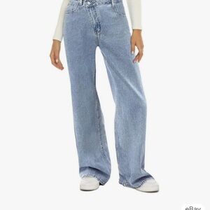 HDLTE Women Wide Leg Jeans High Waist Baggy Asymmetrical Waist Jeans NWT - M